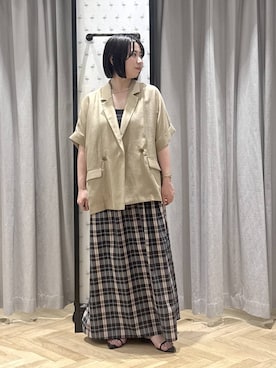 「A part by（アパートバイ）のアセテートリネン半袖ジャケット（テーラードジャケット、イエロー系）」を使った、さちさん（レディース・156cm）の春コーディネート