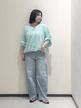 「A part by（アパートバイ）のUVカット/ドロストBIG Vカーディガン（カーディガン/ボレロ、グリーン系）」を使った、さちさん（レディース・156cm）の夏コーディネート