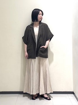 「A part by（アパートバイ）のアセテートリネン半袖ジャケット（テーラードジャケット、ブラウン系）」を使った、さちさん（レディース・156cm）の春コーディネート