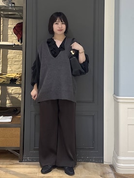 「A part by（アパートバイ）のランダムフリルブラウス（シャツ/ブラウス、ブラック系）」を使った、さちさん（レディース・156cm）の秋コーディネート