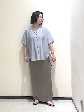 「A part by（アパートバイ）のシアーオープンカラーシャツ（シャツ/ブラウス、ブルー系）」を使った、さちさん（レディース・156cm）の夏コーディネート