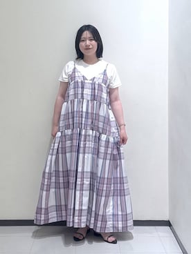 「A part by（アパートバイ）のマドラスチェックキャミワンピース（ワンピース、ホワイト系）」を使った、さちさん（レディース・156cm）の夏コーディネート