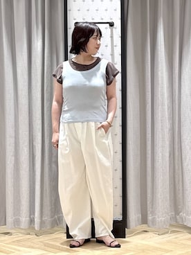 「A part by（アパートバイ）のレイヤードヘンリーネックプルオーバー（Tシャツ/カットソー、ブラウン系）」を使った、さちさん（レディース・156cm）の夏コーディネート
