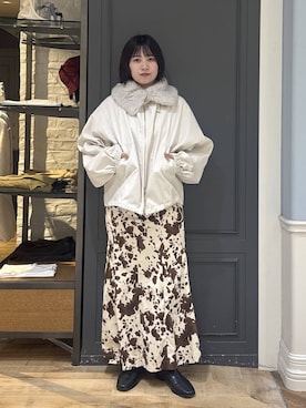 「A part by（アパートバイ）のファーエリ2WAYブルゾン（ブルゾン、ホワイト系）」を使った、さちさん（レディース・156cm）の秋コーディネート