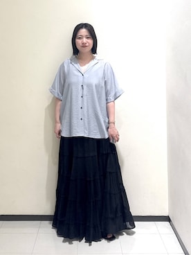 「A part by（アパートバイ）のシアーオープンカラーシャツ（シャツ/ブラウス、ブルー系）」を使った、さちさん（レディース・156cm）の春コーディネート