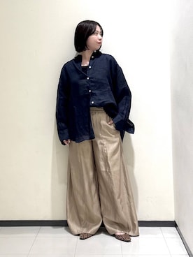 「A part by（アパートバイ）のルランゼフィールリネンシャツ（シャツ/ブラウス、ブルー系）」を使った、さちさん（レディース・156cm）の春コーディネート