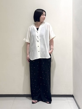 「A part by（アパートバイ）のシアーオープンカラーシャツ（シャツ/ブラウス、ホワイト系）」を使った、さちさん（レディース・156cm）の春コーディネート