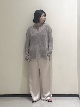 「A part by（アパートバイ）のリネンコンメッシュプルオーバー（ニット/セーター、グレー系）」を使った、さちさん（レディース・156cm）の夏コーディネート