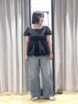 「A part by（アパートバイ）のApbコクーンデニムパンツ（デニムパンツ、ブルー系）」を使った、さちさん（レディース・156cm）の夏コーディネート