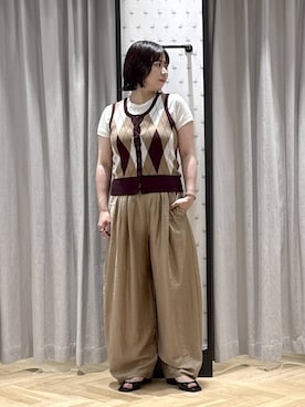 「A part by（アパートバイ）のアーガイルニットベスト（ニット/セーター、レッド系）」を使った、さちさん（レディース・156cm）の夏コーディネート