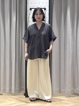 「A part by（アパートバイ）のシアーオープンカラーシャツ（シャツ/ブラウス、グレー系）」を使った、さちさん（レディース・156cm）の夏コーディネート