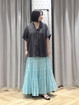 「A part by（アパートバイ）のシアーオープンカラーシャツ（シャツ/ブラウス、グレー系）」を使った、さちさん（レディース・156cm）の春コーディネート