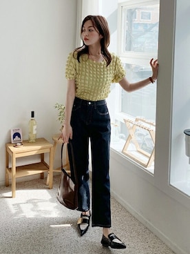 「アイテム（シャツ/ブラウス、イエロー系）」を使った、ディーホリックさん（レディース・162cm）の冬コーディネート