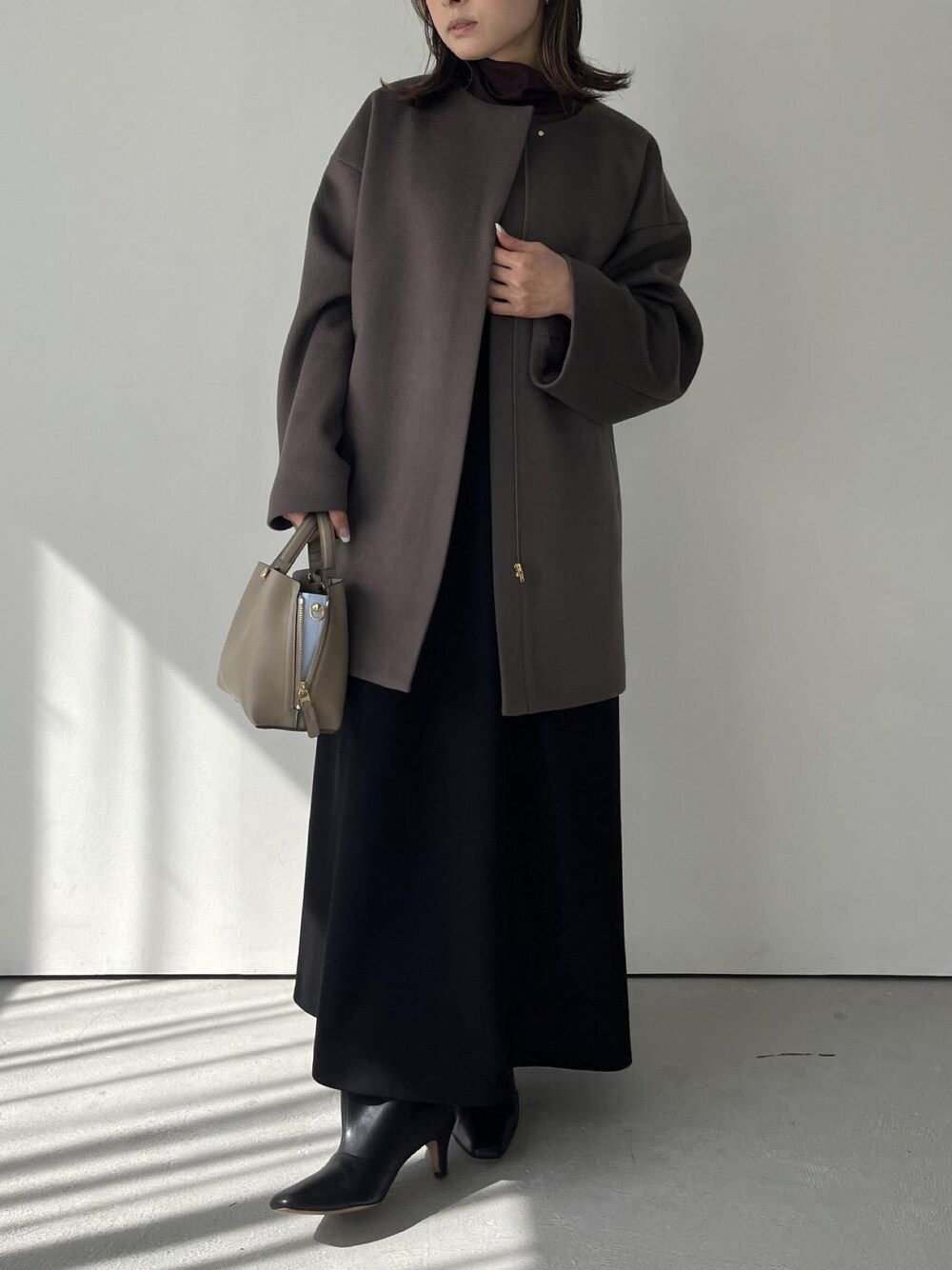 ROPE カシミヤ混ダブルクロスジップハーフコート 38 ブラウン ROPE