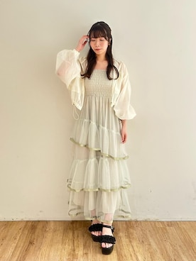 「MAJESTIC LEGON（マジェスティックレゴン）のミルフィーユフリル厚底サンダル（サンダル、ブラック系）」を使った、majessk3さん（レディース・158cm）の夏コーディネート