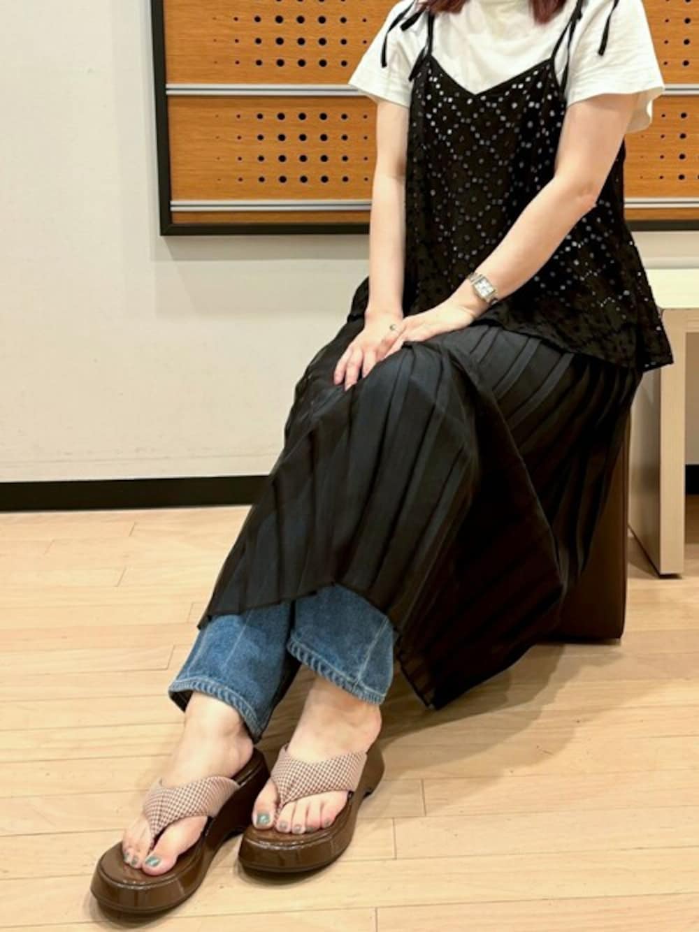 「夏コーデ、あしながおじさん、下駄、byあしながおじさん、下駄コーデ、あしながおじさんの靴」｜「byあしながおじさんの厚底下駄トングサンダル　8490077（和装小物、ベージュ系）」を使った、あしながおじさんさん（レディース・155cm）の夏コーディネートの1枚目の写真