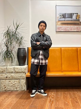 「アイテム（ライダースジャケット）」を使った、kidaさん（メンズ・171cm）の秋コーディネート