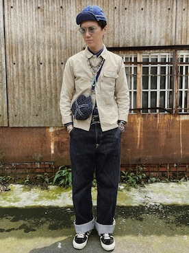 「Engineered Garments（エンジニアードガーメンツ）のアイテム（その他アウター）」を使った、Rïko Chang(張瑞摳)さん（メンズ・178cm）の夏コーディネート