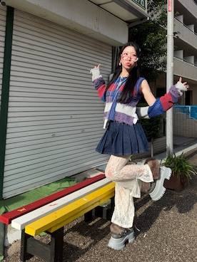 「common gull products.（コモンガルプロダクツ）の街のデニムプリーツスカート（スカート、ブルー系）」を使った、Maiさん（レディース・157cm）の秋コーディネート