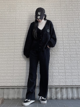 「モヘアカーディガン」｜「アイテム（キャップ）」を使った、Maiさん（レディース・157cm）の冬コーディネート