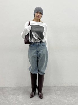 「JEANASIS（ジーナシス）のデニムワイドストレートパンツ/1043298（デニムパンツ、ブルー系）」を使った、古屋美咲さん（レディース・167cm）の夏コーディネート