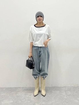 「JEANASIS（ジーナシス）のデニムワイドストレートパンツ/1043298（デニムパンツ、ブルー系）」を使った、古屋美咲さん（レディース・167cm）の夏コーディネート