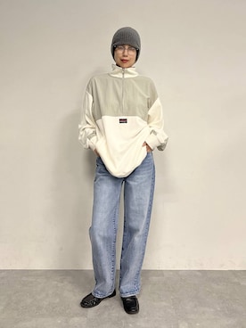 「JEANASIS（ジーナシス）のハーフZIPピーチウラケBIGプルオーバー/1075111（スウェット、ホワイト系）」を使った、古屋美咲さん（レディース・167cm）の夏コーディネート