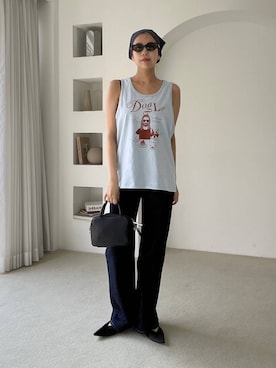 「eL（エル）の【Bei×eL】Sleeve Less TEE/1067042（Tシャツ/カットソー、ブルー系）」を使った、古屋美咲さん（レディース・167cm）の夏コーディネート
