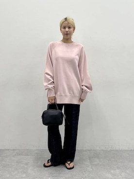 「JEANASIS（ジーナシス）のジャガードデニムワイドストレートパンツ/1044388（デニムパンツ、ブルー系）」を使った、古屋美咲さん（レディース・167cm）の夏コーディネート