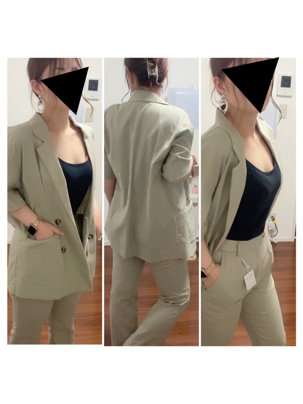 「セットアップ、オトナカジュアル、秋先取りコーデ、低身長コーデ、おしゃれさんと繋がりたい、淡色コーデ、カーキ」｜「INGNIのSETUP対応Wテーラージャケット（テーラードジャケット、グリーン系）」を使った、yumebonさん（レディース・153cm）の夏コーディネートの1枚目の写真