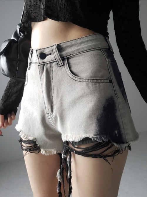 デニムショートパンツ ラメ入り ダメージ加工２３インチ　あさん専用 3size 】クラッシュダメージブリーチデニムショートパンツ
