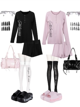 「me+em select（ミームセレクト）の【 セットアップ 】レタリングロゴヘンリーネックトップス＆ショートパンツ SETUP ／ lettering logo henlyneck tops ＆ short pants（セットアップ、グレー系）」を使った、honoさん（レディース・154cm）の春コーディネート
