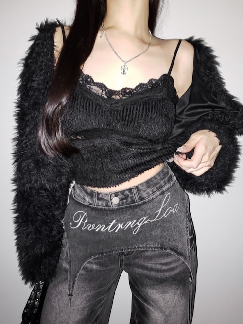 【 カップ付き 】ダブルレースシャギーファーショートビスチェキャミソール ／ double lace shaggy fur short bustier camisole