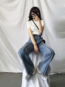 「ハイウエストデニム」｜honoさん（レディース・154cm）の春コーディネート