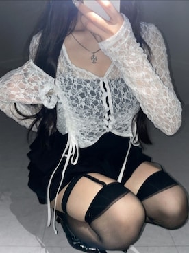 「me+em select（ミームセレクト）の【 ２color 】ダブルシャーリングショートレースカーディガン ／ double shirring short lace cardigan（カーディガン/ボレロ、ホワイト系）」を使った、honoさん（レディース・154cm）の春コーディネート