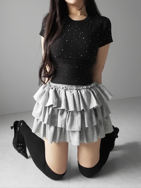 「me+em select（ミームセレクト）の【 ３color 】ラインストーン半袖タイトＴシャツ ／ Rhinestone short sleeve tight T-shirt（Tシャツ/カットソー、ブラック系）」を使った、honoさん（レディース・154cm）の春コーディネート