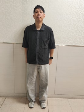「WYM LIDNM（ウィム バイ リドム）のJACQUARD MESH KNIT SHIRT（シャツ/ブラウス、グレー系）」を使った、akkunn_akkunnさん（メンズ・180cm）の春コーディネート