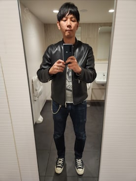 「アイテム（ライダースジャケット）」を使った、akkunn_akkunnさん（メンズ・180cm）の秋コーディネート