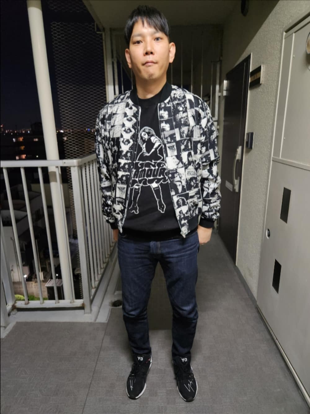「THEE HYSTERIC XXX、ヒステリックグラマー、リーバイスMade&Crafted、Y-3、秋コーデ、LADIES&GENTLEMENジャガードリブジャケット、VIXEN GIRLジャガードセーター、511MADE IN JAPAN、FYW S-97、ロックテイスト、ウール地、キュプラ、ジャガード」｜「HYSTERIC GLAMOURのVIXEN GIRLジャカード セーター（ニット/セーター、ブラック系）」を使った、akkunn_akkunnさん（メンズ・180cm）の秋コーディネートの1枚目の写真