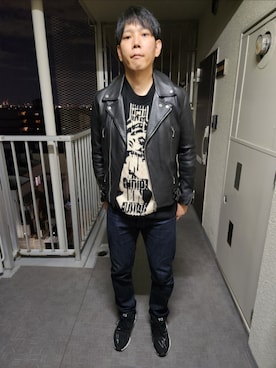 「アイテム（ライダースジャケット）」を使った、akkunn_akkunnさん（メンズ・180cm）の秋コーディネート