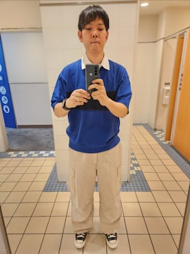 「GU（ジーユー）のアイテム（ポロシャツ、ブルー系）」を使った、akkunn_akkunnさん（メンズ・180cm）の夏コーディネート