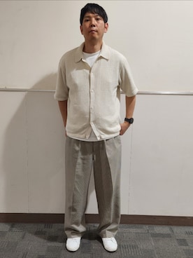 「GU（ジーユー）のアイテム（シャツ/ブラウス、ホワイト系）」を使った、akkunn_akkunnさん（メンズ・180cm）の夏コーディネート