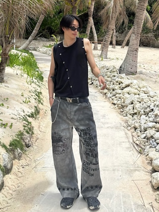 「RSSC(アールエスエスシー)のWESTERN BEADS BRACELET - BLACK(ブレスレット)」を使った、Harutoさん(メンズ・180cm)の夏コーディネート