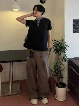 「YOLO（ヨーロ）のアイテム（Tシャツ/カットソー、ブラック系）」を使った、Harutoさん（メンズ・180cm）の夏コーディネート
