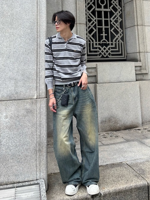 「B.R.U（ブル）のマルチボーダーポロニットトップス（ニット/セーター）」を使った、Harutoさん（メンズ・180cm）の秋コーディネート
