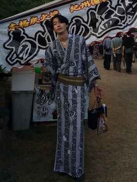 「お父さんの浴衣のアイテム（浴衣、ブルー系）」を使った、Harutoさん（メンズ・180cm）の夏コーディネート