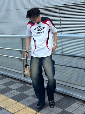 「MONO-MART（モノマート）のヴィンテージメイクバギーカーブペインターデニムパンツ（デニムパンツ）」を使った、Harutoさん（メンズ・180cm・10代）の夏コーディネート