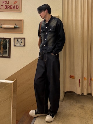 「NOWLE（ノウル）の【NOWLE】ヴィンテージウォッシュ ノーカラー ショート デニム ジャケット（デニムジャケット）」を使った、Harutoさん（メンズ・180cm）の冬コーディネート