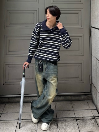 「Chikashitsu +(チカシツプラス)の【Chikashitsu +】brush wide leg denim pants / 【チカシツプラス】ブラッシュワイドデニムパンツ <着用動画あり>(デニムパンツ)」を使った、Harutoさん(メンズ・180cm)の秋コーディネート