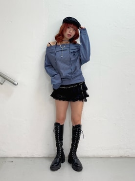「jouetie（ジュエティ）のボリュームチュールティアードパンツ　 レースパンツ　インナーパンツ　赤チェック（その他パンツ、ブラック系）」を使った、MOMOさん（レディース・160cm）の秋コーディネート